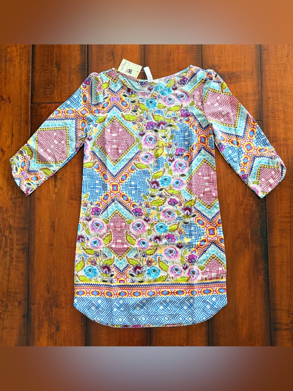 NWT Pink Owl Multicolor Floral & Geo Print Dress - Pink, Blue, Yellow